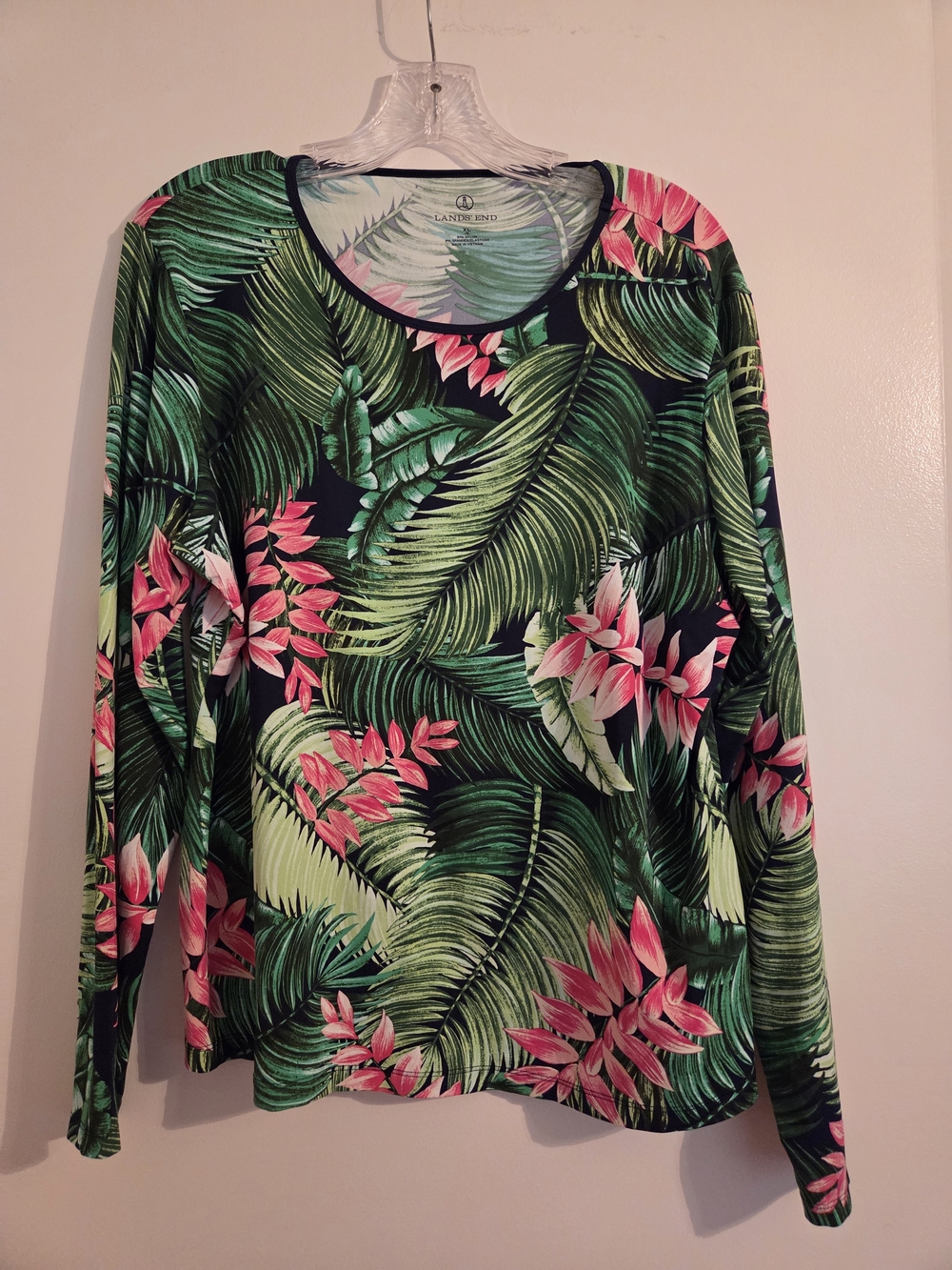 LANDS' END Women's Tropical Leaf Long Sleeve Top - Green/Pink